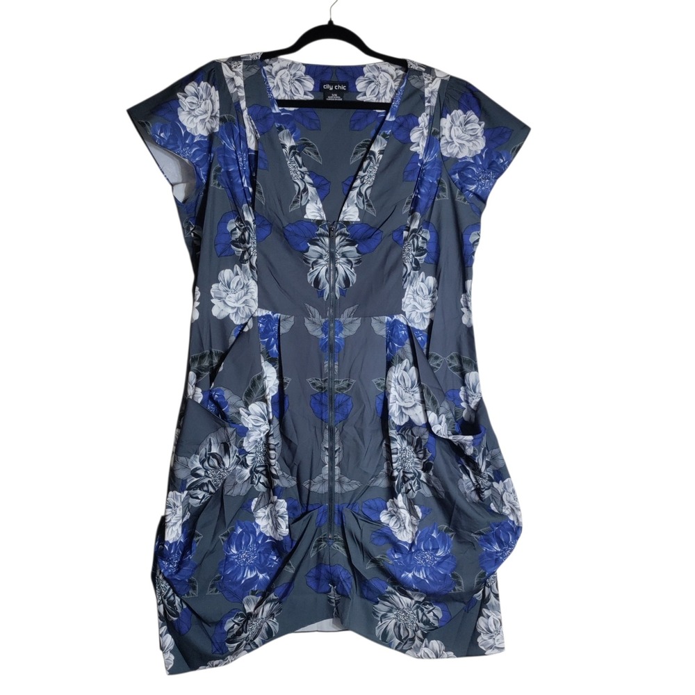 City Chic Floral Zip Front Tulip Pocket Dress Blue Grey Plus Size S 16